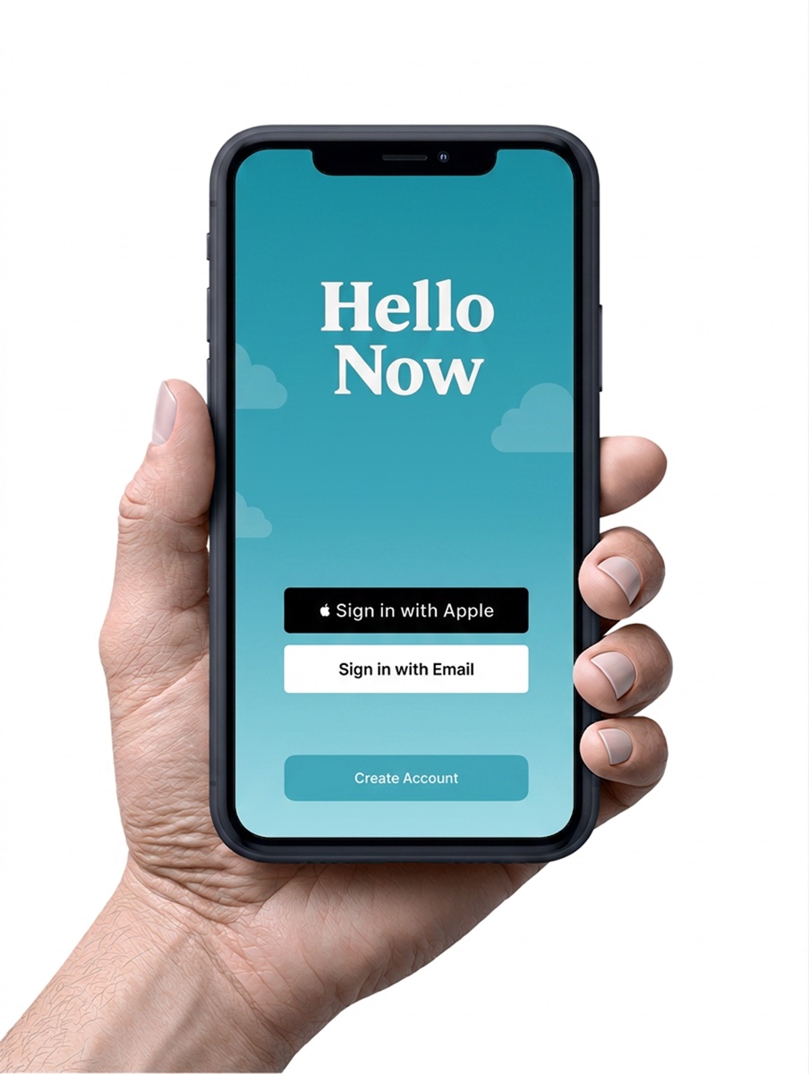 Hello Now, a mobile app built by Swivel Digital, held in hand