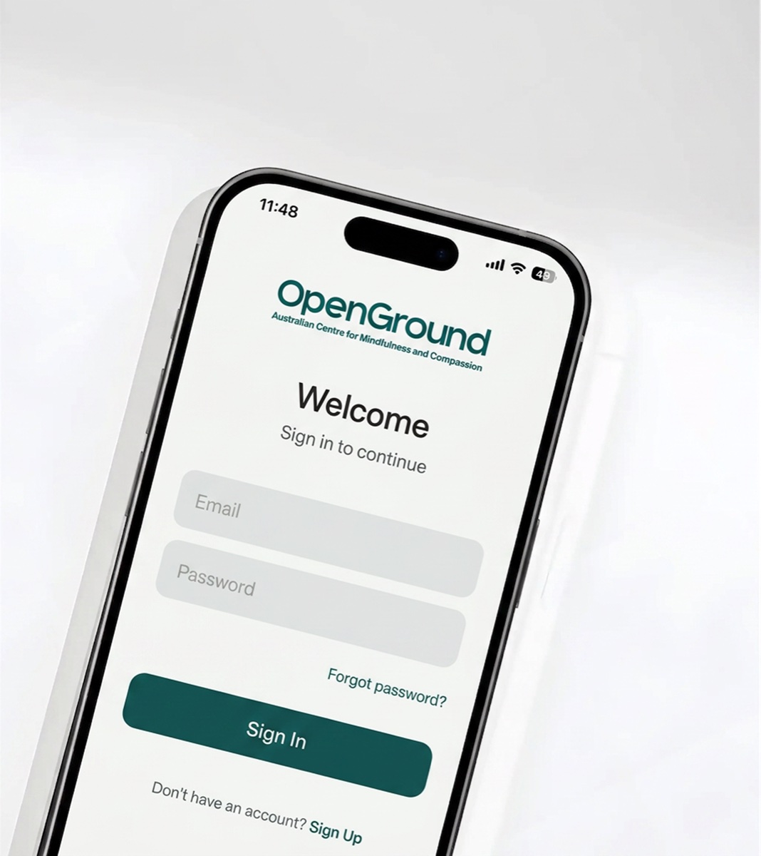 Veterans' mindfulness app sign-in screen on a mobile phone